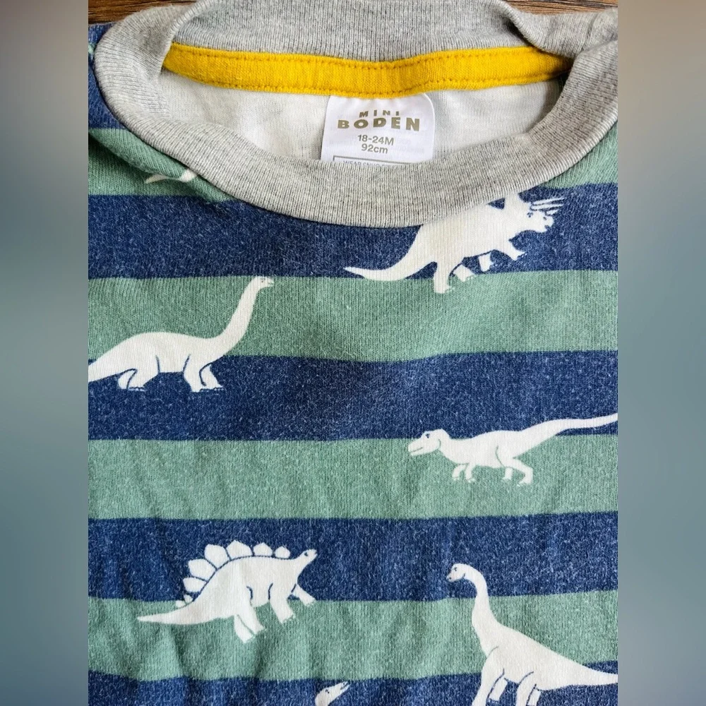Mini Boden Green Smoke Glow-in-the-Dark Dinosaurs Blue Green Stripes Pajama Set - Picture 2 of 5